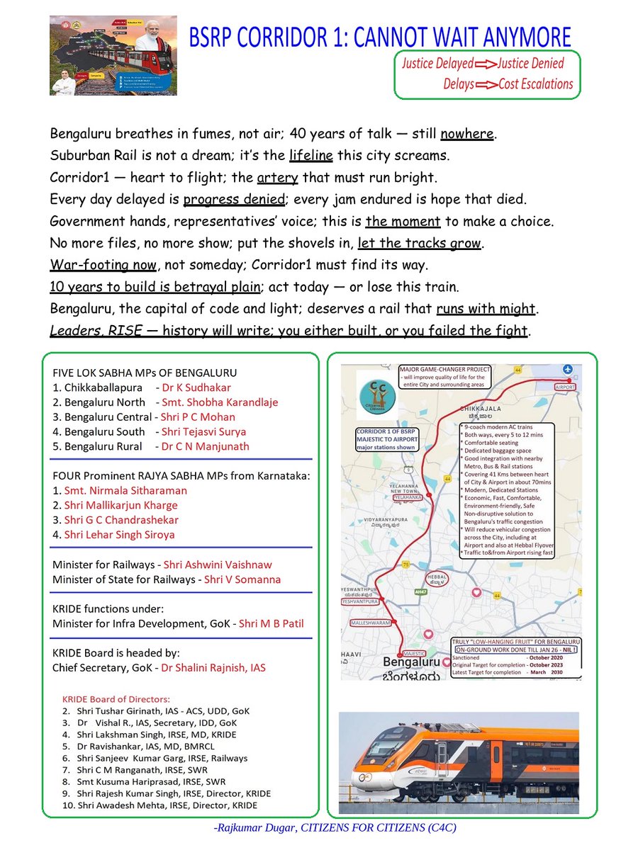 Bluru's GAME-CHANGER:-
40Km #BSRP C1 between Heart of City&amp;AirpTerminal

Fast,Safe,Comfortable,Economic,Reliable PublicTransport mode

Sanctioned:Oct20
To be Completed:Oct23
LATEST Target:Mar30

Earnest Appeal to all concerned:
REVISE THE TARGET TO MAR28

DOABLE
IF YOU INSIST NOW
