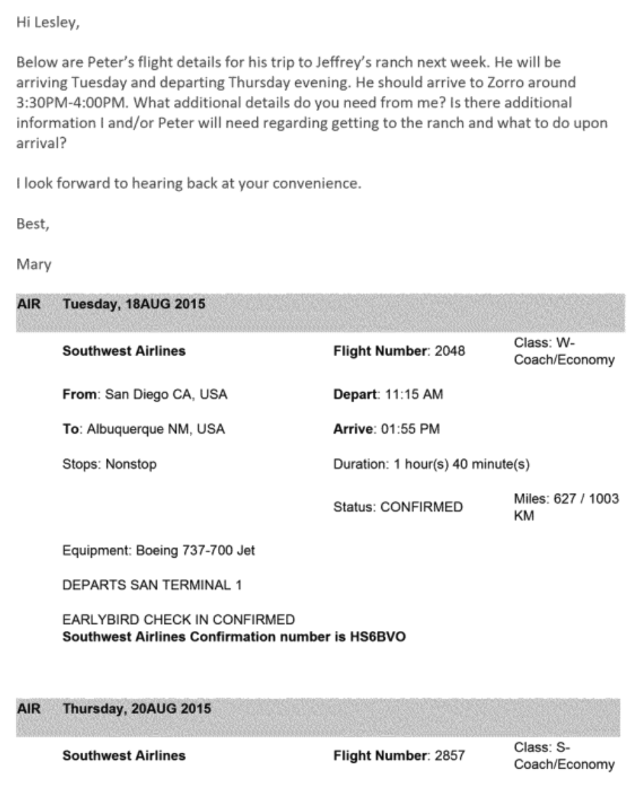 JEverettLearned's tweet photo. Peter Attia specifically claims in this tweet he never visited Jeffrey Epstein's ranch. @PeterAttiaMD what is this email talking about about your Aug 18th, 2015 Southwest Airlines flight to his ranch? 
"Below are Peter's flight details for his trip to Jeffrey's ranch next week." https://t.co/sWBzlQAlAC