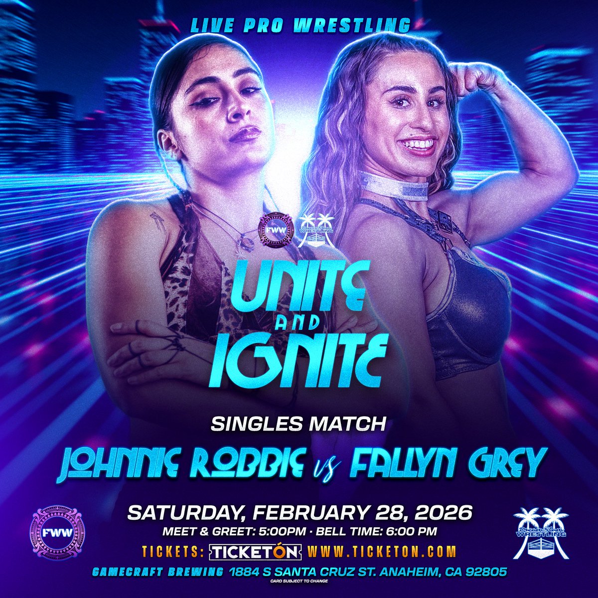 FWW_LA's tweet photo. Future of Women's Wrestling &amp; Dreamslam Wrestling - Unite And Ignite present:

@johnnieRobbiee vs @fallyngrey

Sat, Feb 28, 2026

Gamecraft Brewing
1884 S Santa Cruz St
Anaheim, CA 92805

Meet &amp; Greet: 5pm 
Bell Time: 6pm

Tickets:
https://t.co/jNMp2VsAnp

#thefutureisnow https://t.co/1V15Q9M4Y9