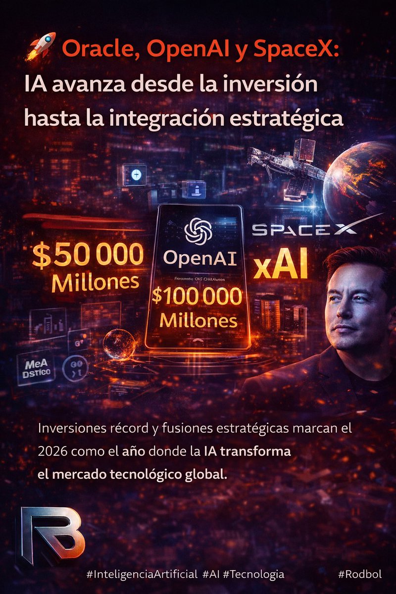 RODBOLCOL's tweet photo. 🚀 IA marca la agenda global:
Oracle planea US$50 000 M para infraestructura IA, OpenAI gestiona >US$100 000 M en financiación y SpaceX fusiona xAI para innovación integrada.
#IA #TechNews #Rodbol https://t.co/u7VOc7ITQr