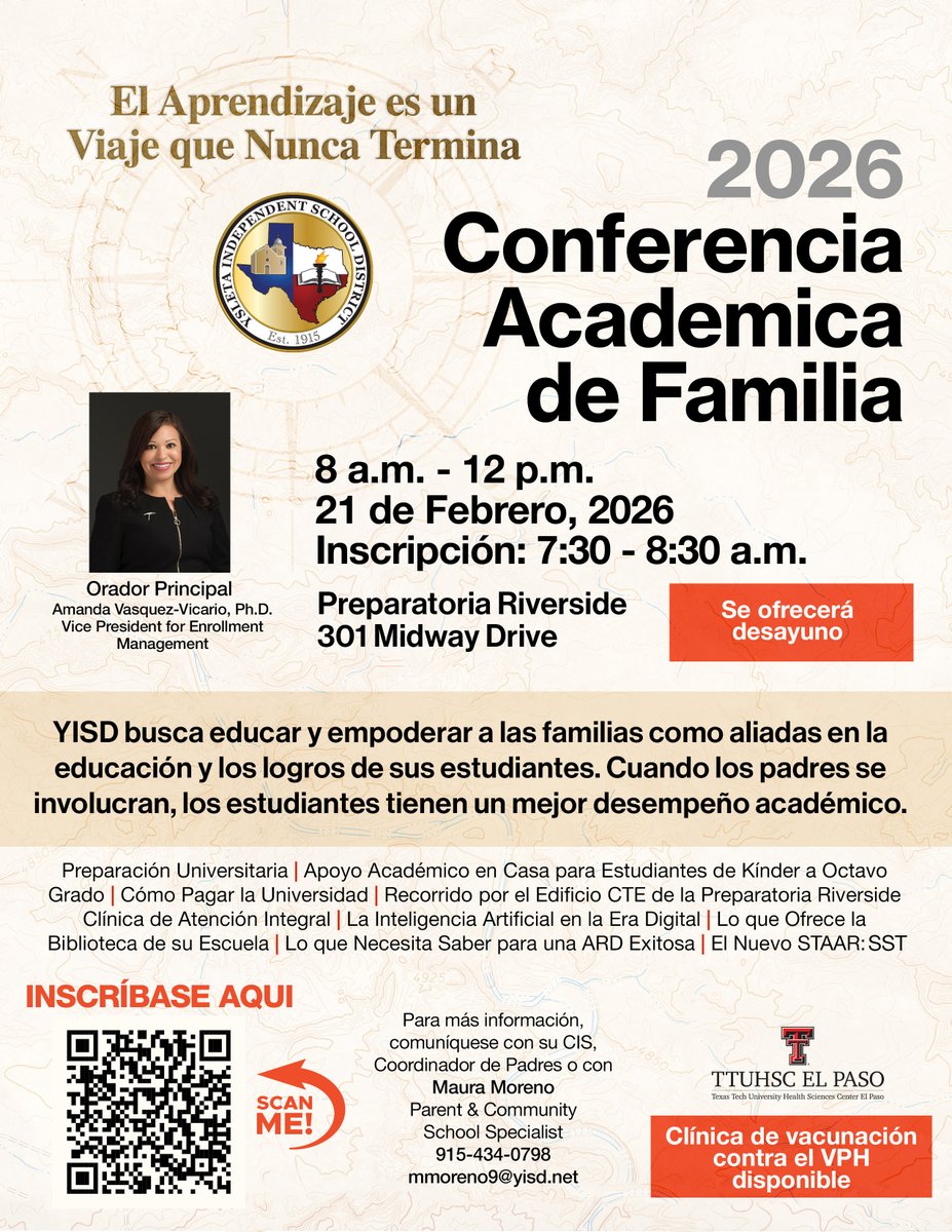 YsletaISD's tweet photo. 🎓✨ Join us for the 2026 Family Academic Conference!

📅 Feb. 21
⏰ 8 a.m.–12 p.m.
🍳 Breakfast provided!

Learn easy tips and strategies to set your child up for success—because great futures start at home!

👉 Register today: https://t.co/gyJkteQx2U https://t.co/yzfCVRZ4EG