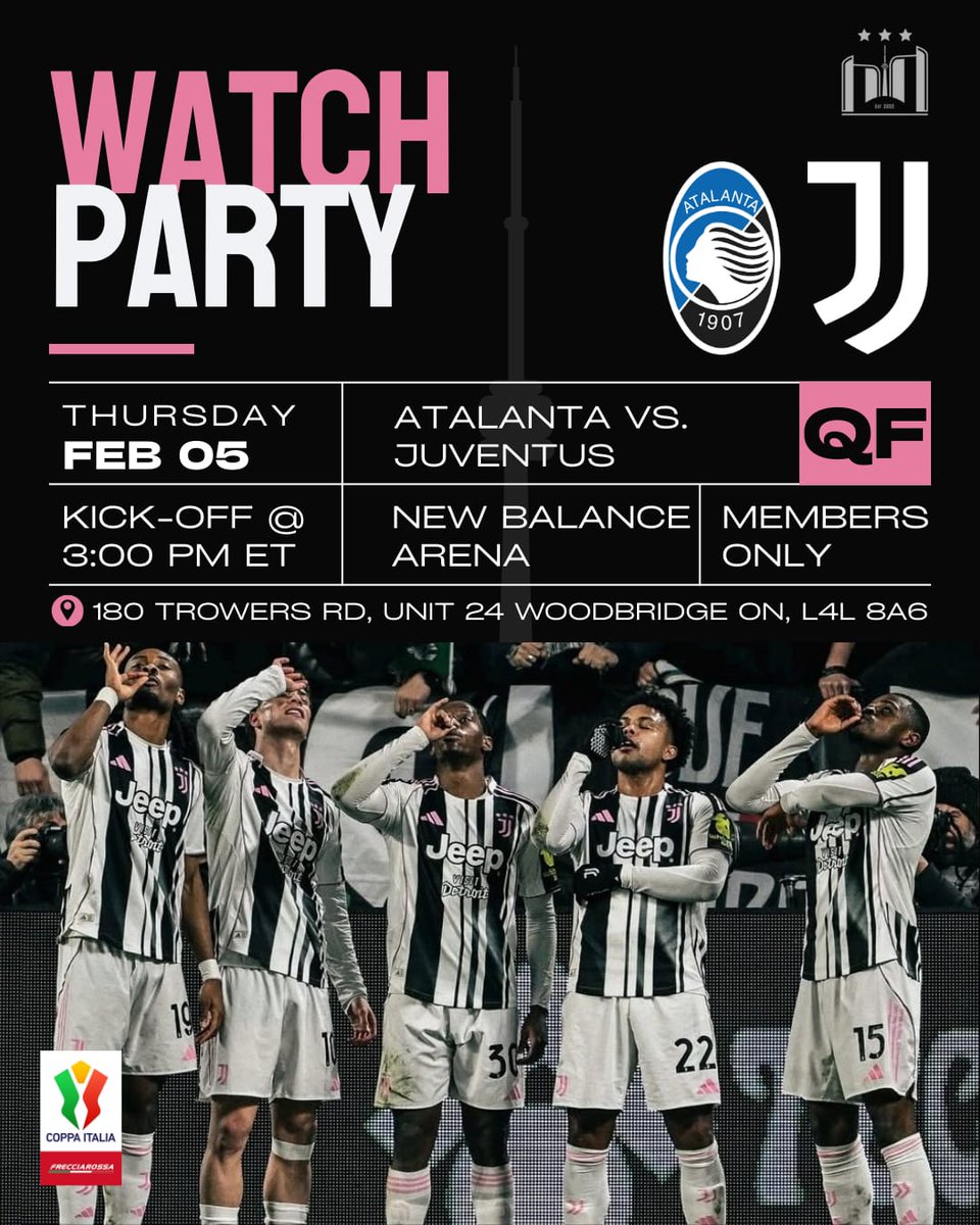 juveclubto's tweet photo. Quarter Final Coppa Italia action Thursday!

📆 Thursday February 5th 
🕒 3:00 pm
🚪 Doors open at 2:30 pm 

#Juventus #ForzaJuve #JOFCToronto #SerieA #UEFAChampionsLeague https://t.co/2SIsIfI7tA