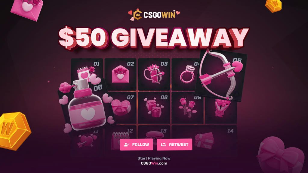 HAPPY VALENTINES from me &amp; CSGOWin! 💌

Enjoy random gifts daily - no strings attached! 🎉
➡️ csgowin.com/valentine

🎁 $50 GIVEAWAY 🎁
• Follow me &amp; <a href="/CSGOWincom/">CSGOWin.com</a> 👤
• Like &amp; Retweet ♻️❤️

Ends in 7 days