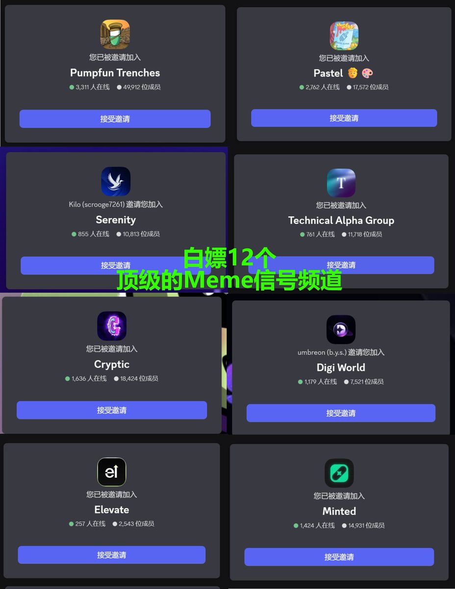 国外12大顶级Meme付费Alpha群，白嫖全解锁！错过一次就少赚1000X的终极秘密！

为什么你每次看到大金狗起飞都只能干瞪眼？

根本原因就一个：信息差！ 没自己的高端信号源，玩土狗基本等于送钱！Meme玩的就是情绪共振！

一个梗在好几个上万人英文大群里被反复刷屏、多次提及，那就是金狗预兆！