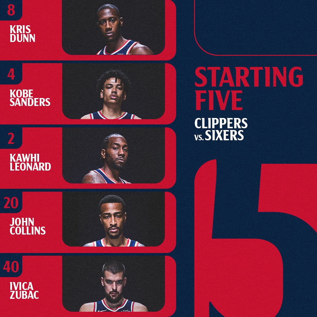 Starting 5️⃣ vs. Sixers
🏀 Kris Dunn
🏀 Kobe Sanders
🏀 Kawhi Leonard
🏀 John Collins
🏀 Ivica Zubac