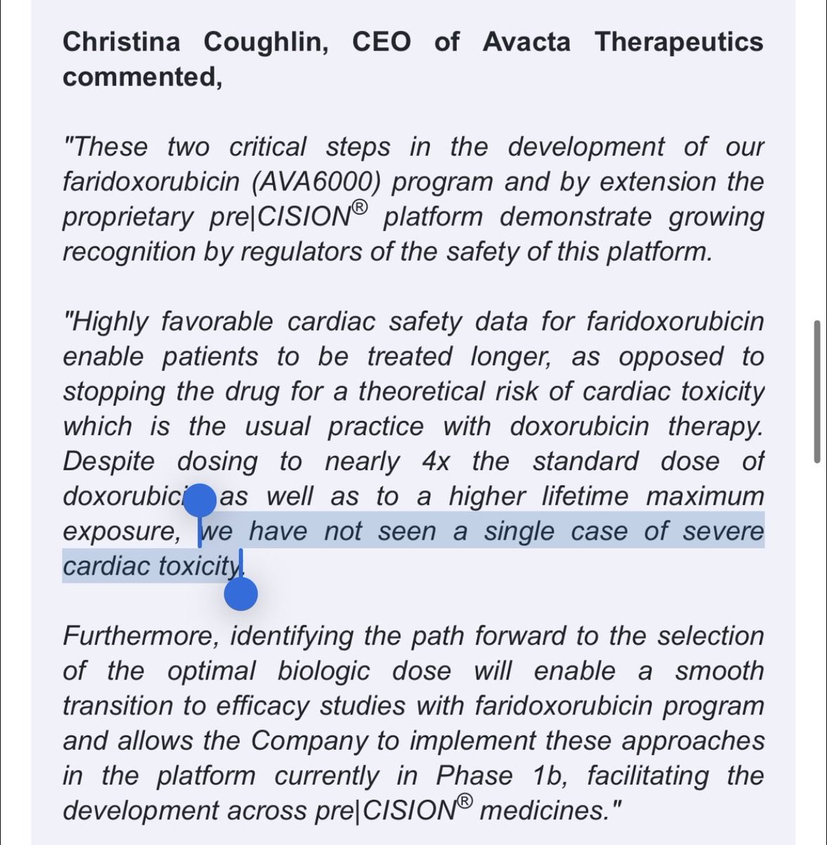 TVR5AVCT's tweet photo. Removal of the dosing limit in the AVA6000 trial is significant, not only for the impact it will have on PFS but also to demonstrate the relationship #AVCT now enjoys with its most important stakeholder: @US_FDA.

A stamp of approval for pre|CISION from the very top for @avacta. https://t.co/CNQ5yPNzFZ