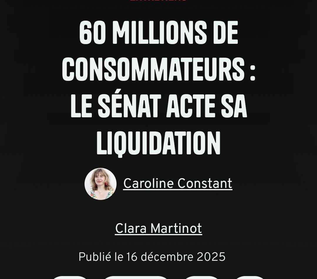 PChaibriant's tweet image. Les "élus" ont voté la dissolution de L’institut National de la Consommation (INC), qui édite le magazine 60 Millions de Consommateurs.
Tout est calculé pour que ne soient plus dénoncées les daubes cancérigènes importées d'Ukraine, Mercosur, Inde etc.
humanite.fr/medias/budget/…