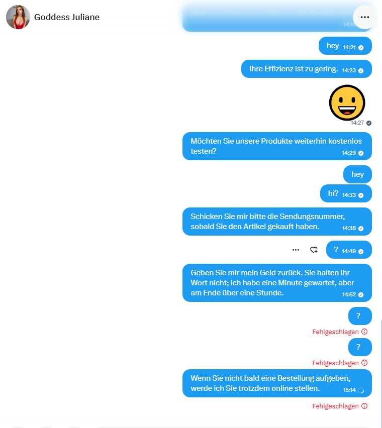 Wieder so ein Pechtag. Ich bin schon wieder einer Betrügerin zum Opfer gefallen. Ich habe ihr die Geschenkkarte gegeben, aber sie hat den Kauf immer wieder hinausgezögert und mich schließlich blockiert. Leute, haltet euch von dieser Betrügerin fern!@julesinleather1