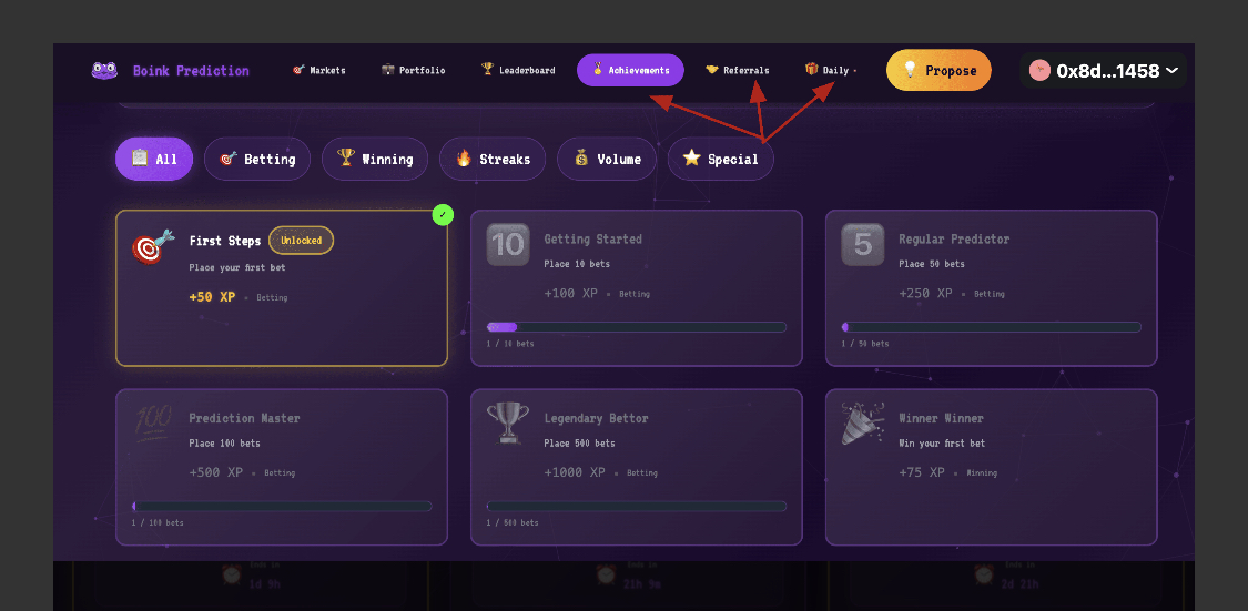 JayGoogler's tweet photo. 4. Collect daily free rewards, earn achievements, and invite friends. Track your predictions in the Portfolio tab: https://t.co/apZc6JJMx5