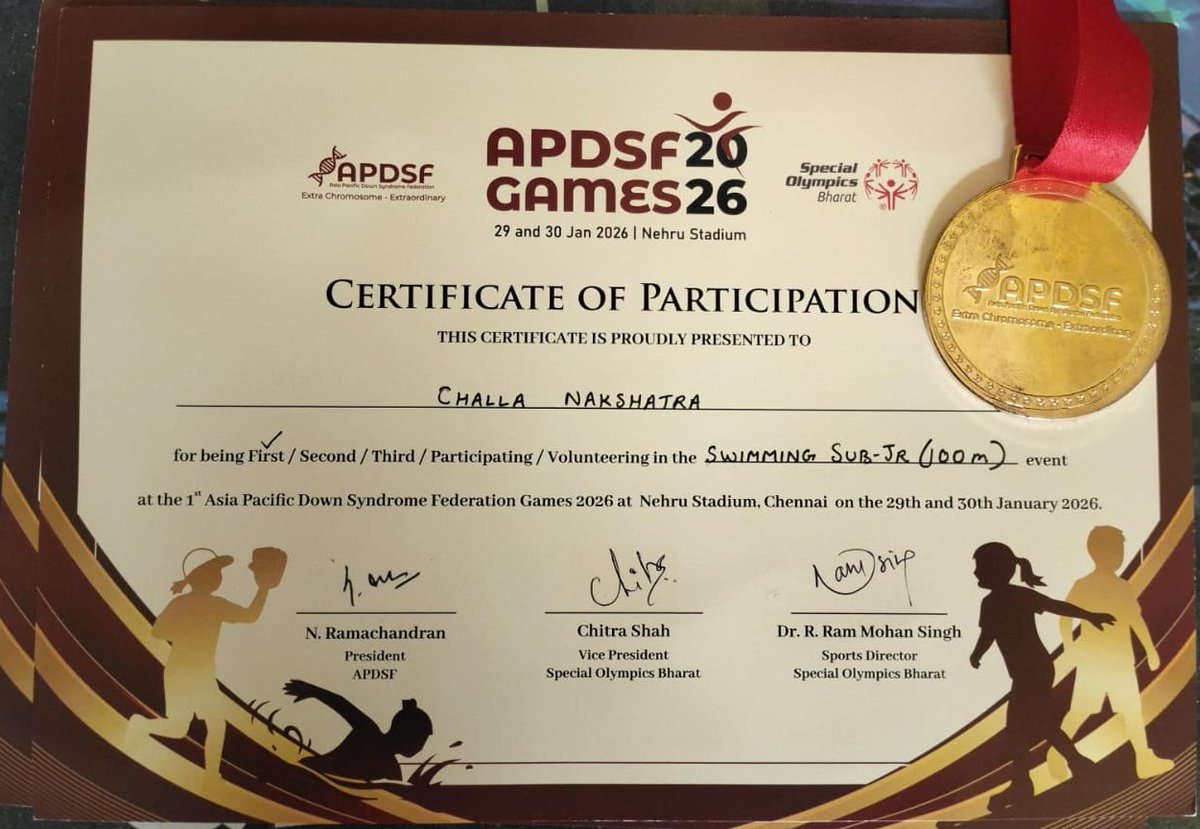 KVS_HQ's tweet photo. Heartiest Congratulations!
C. Nakshatra, a special student of Class IV, #PMSHRI KV Picket (#KVS RO Hyderabad), shines at the Asia Pacific Down Syndrome Federation Games, Chennai (29–30 Jan 2026), winning 🥇Gold in 100 m swimming and🥈Silver in 25 m swimming.

#ProudKVians #CwSN https://t.co/cnfBiViskQ