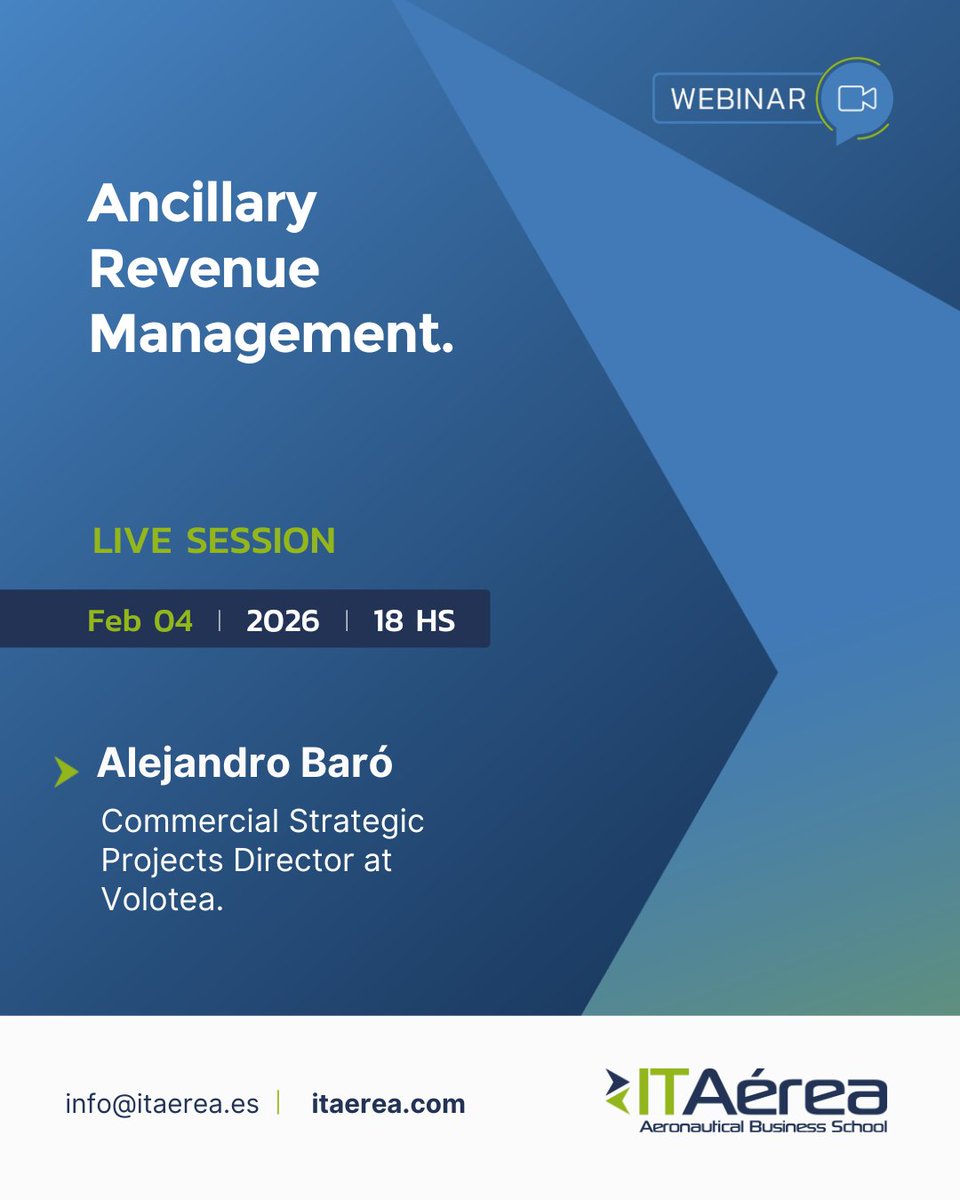 New Webinar 👉 Ancillary Revenue management.

📅 04/02/2026
🕧 18.00 CET
🎓 Alejandro Baró, Commercial Strategic Projects Director at Volotea.
📥 Invitation in your inbox.

If you want more information about our programmes, please write to 📨 info@itaerea.com