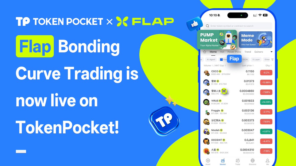 TokenPocket_TP's tweet image. 🦋 @flapdotsh Bonding Curve Trading is now live on TokenPocket!

🔷 New launch platform icons added
🔷 Flap Tax Token V2 Supported
🔷 One-tap launch progress tracker
🔷 Finding Alpha on Flap Trending List

See the Trend. Take the Trade.