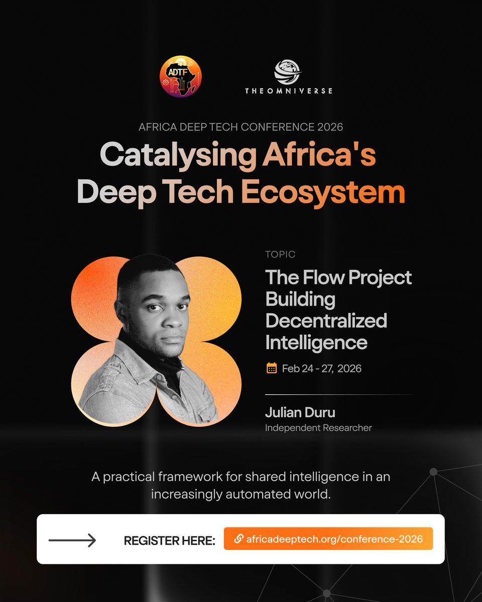 africadeeptech's tweet photo. Africa Deep Tech Conference 2026

@julian__duru : “The Flow Project,” a deep dive into building decentralized intelligence.
@DaniDpx  : TechStitched XR, African Avatars as Narrative NPCs 
@graceokubo : Speculative prototyping for African deep tech.
https://t.co/qy6iWpMUb6 https://t.co/4uD9iYTRUT