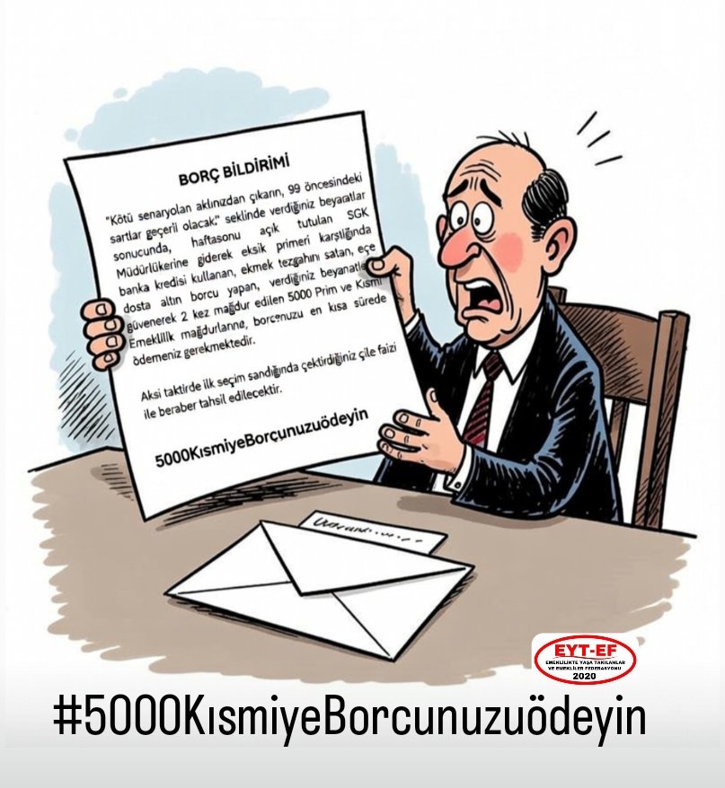 #5000KısmiyeBorcunuzuödeyin

Bazı borçlar parayla değil,
Zamanla ağırlaşır.

Sözün tutulmadığı yerde,
Güven yıpranır.
Hakkın bekletildiği yerde,
Toplum tıkanır.

5000 Kısmi Devlet sözüdür.
Geri dönülmez !

Borcunuzu ödeyin !

#TüikEmekliyiçarptı
<a href="/RTErdogan/">Recep Tayyip Erdoğan</a>
<a href="/isikhanvedat/">Prof. Dr. Vedat Işıkhan</a>