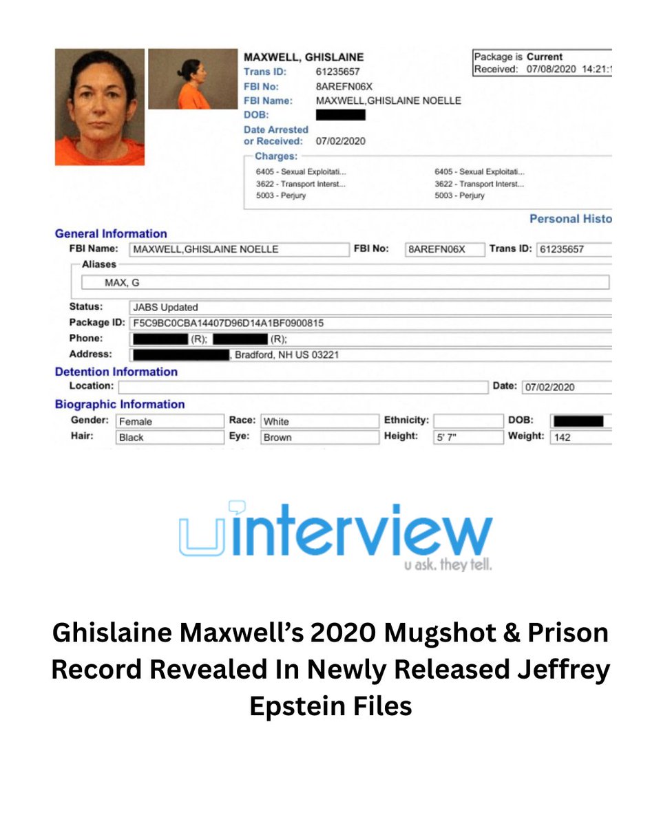 uinterview's tweet image. Ghislaine Maxwell’s 2020 Mugshot &amp;amp; Prison Record Revealed In Newly Released Jeffrey Epstein Files

#GhislaineMaxwell #EpsteinFiles #Mugshot

Follow @uinterview for the best viral videos, celebrity interviews, and news

Read More: uinterview.com/news/ghislaine…