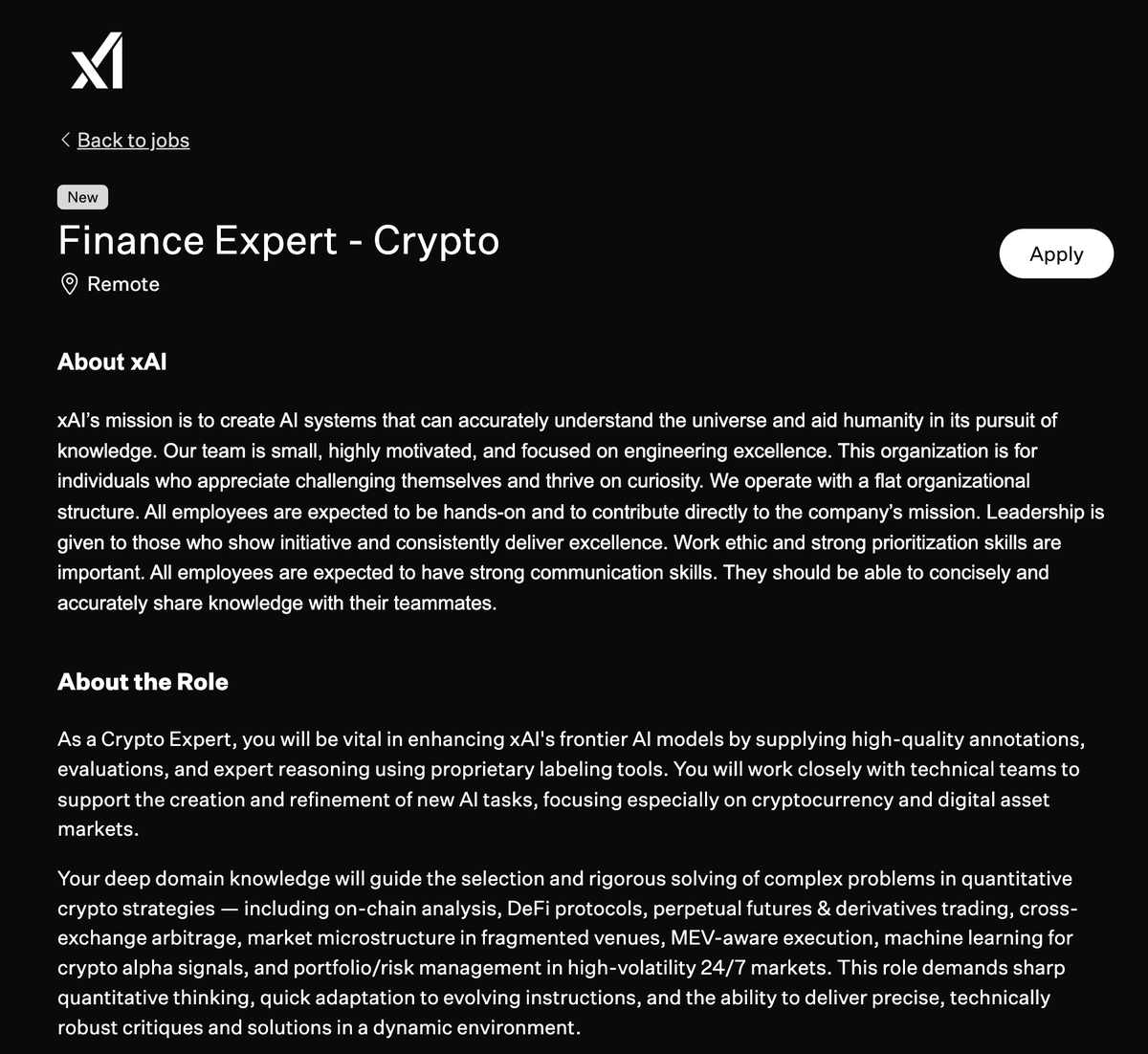 Very interesting: <a href="/xai/">xAI</a> is hiring a crypto expert with deep knowledge of blockchain, DeFi, and quantitative trading to train AI models.

The future isn't crypto vs AI. It is crypto + AI. 

X is already the #1 place where CT hangs out. <a href="/elonmusk/">Elon Musk</a> wants to make xAI/<a href="/grok/">Grok</a> the #1
