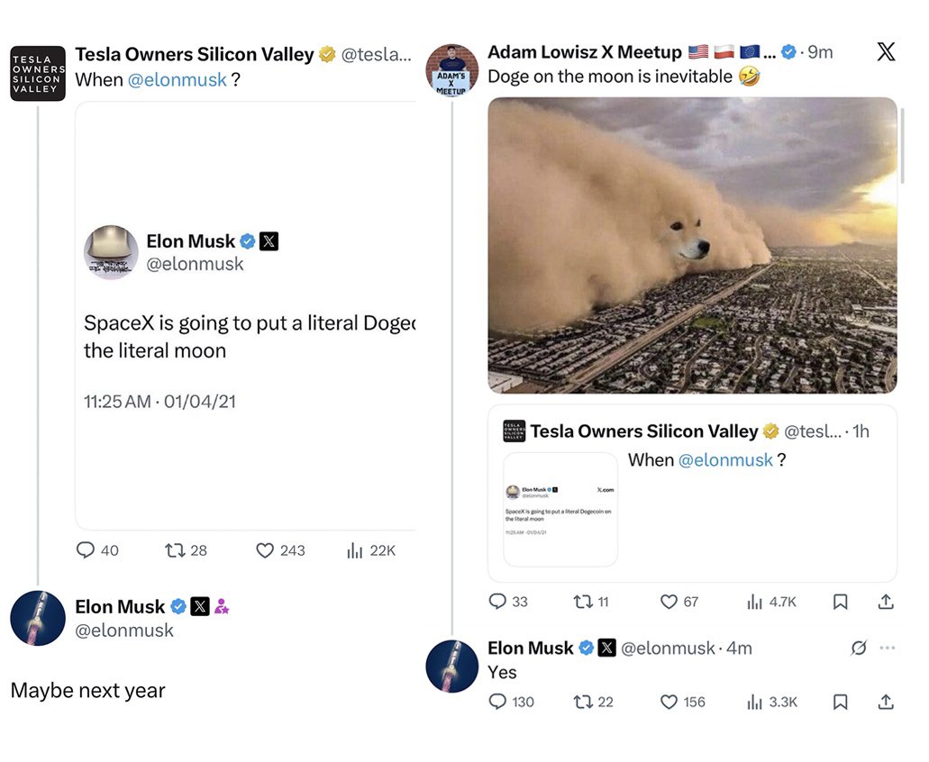 BREAKING: Elon Musk says SpaceX will likely put Dogecoin on the moon next year, calling a Dogecoin to the moon moment inevitable.