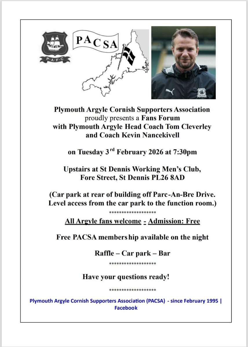 kernow85's tweet photo. #PAFC #FansForum tonight #PACSA with #TomCleverley & @kevnance please Like and Share and Come Along to a great evening ahead #Argyle #Cornwall @CornwallSport @RewindCornwall @BBCSpotlight @itvwestcountry @Argyle @ https://t.co/J7O9QVtzlr