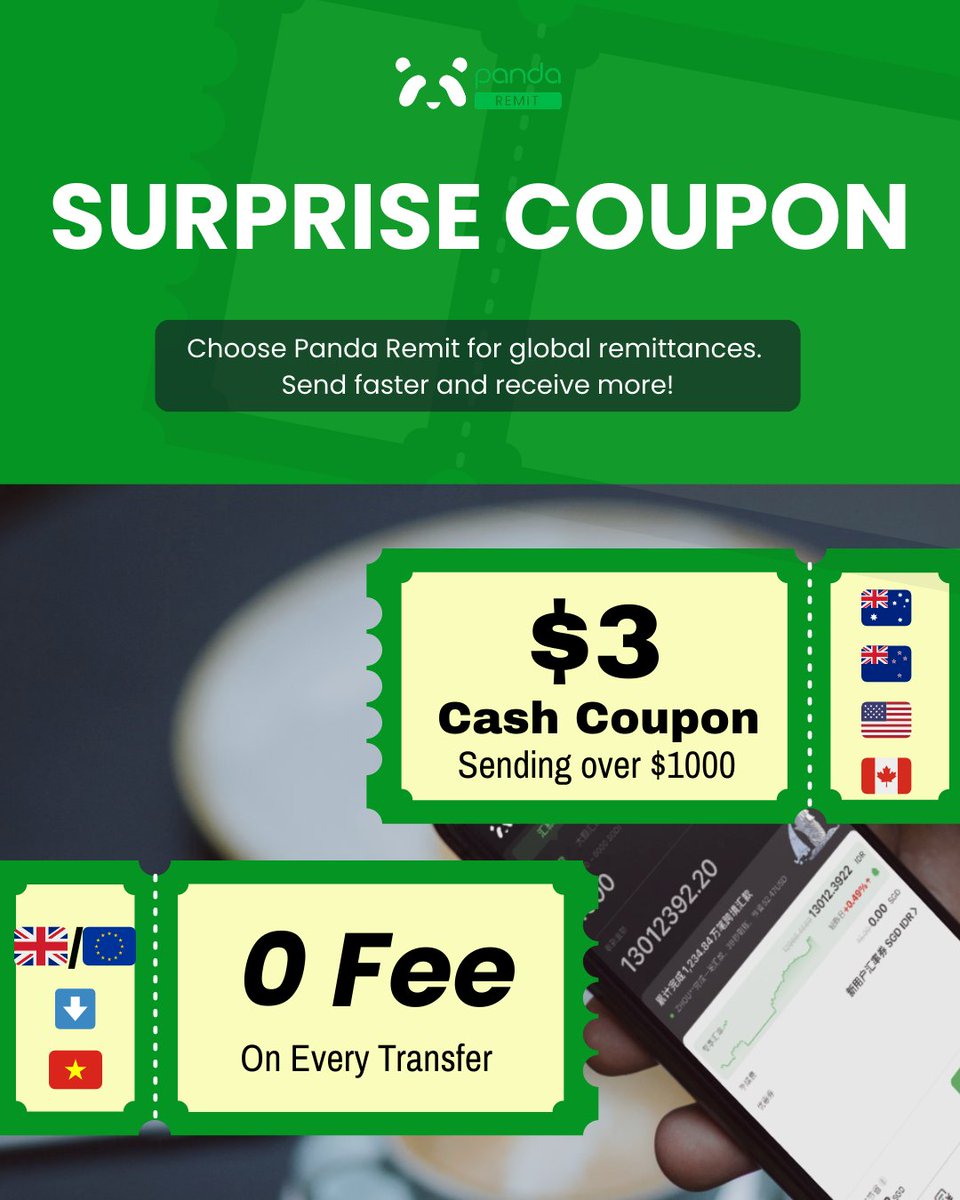 remit_panda's tweet image. 🎁 SURPRISE COUPONS 🎁
🐼 Send faster and receive more with Panda Remit! 🚀

✅  🇦🇺AUS/🇳🇿NZL/🇺🇸US/🇨🇦CAN: Enjoy a $3 Weekly Cash Coupon when sending over $1,000
✅  🇬🇧UK/🇪🇺 Europe sending to 🇻🇳 Vietnam: Enjoy ZERO FEE on every transfer

#PandaRemit #coupon #Remittance