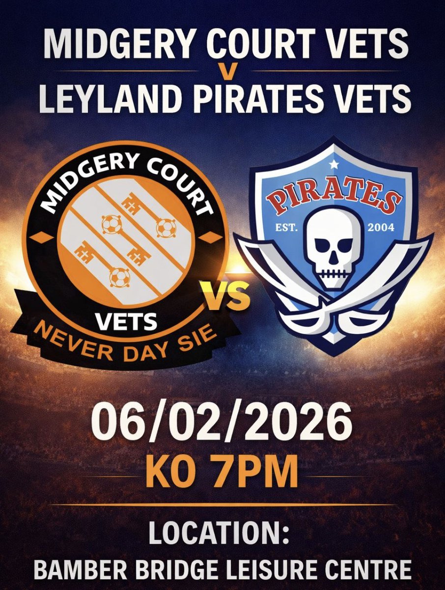 ⚽ Match Night Under Lights

The Vets are back in action as we take on Leyland Pirates Vets in what promises to be an entertaining game.
📅 6th Feb2026
⏰ Kick-off: 19.00
📍 Bamber Bridge Leisure Centre Come along, show your support. 👊⚽ <a href="/mary_ogara_uk/">The Mary O’Gara Foundation</a>
Kit launch also!