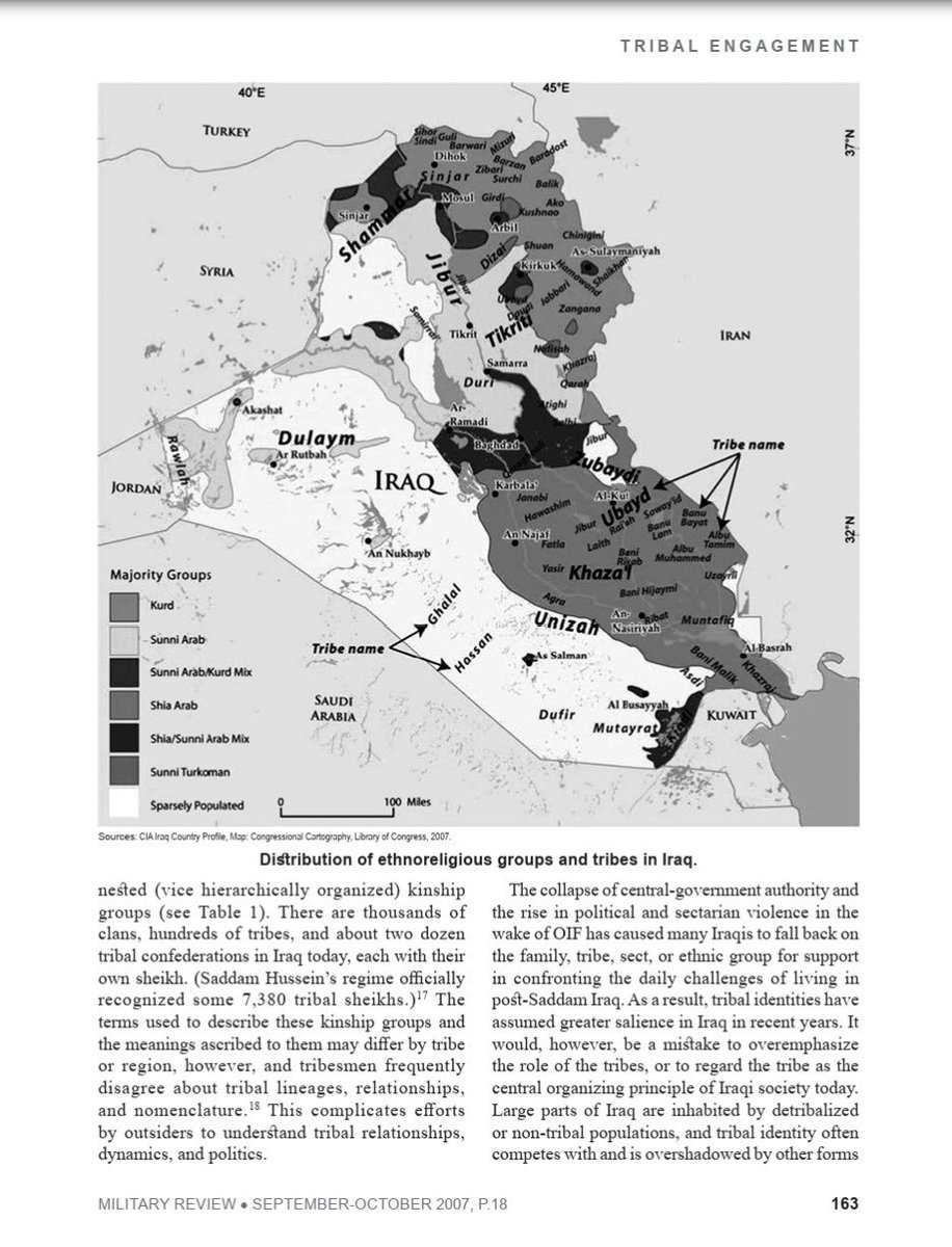 بـحـث مـيـداني
 صادر من مجلة الجيش الأمريكي 2007: 

انساب العشائر في #العراق غير معروفة، مختلطه، وغير متفق عليها. أبناء العشائر أنفسهم لا يعرفون من أين جاءت أنسابهم، ويختلفون بينهم حول الأصول والعلاقات وحتى على اسم العشيره نفسها. 
الحديث عن “نسب عشائري” هو ادعاء فارغ لا يستند إلى