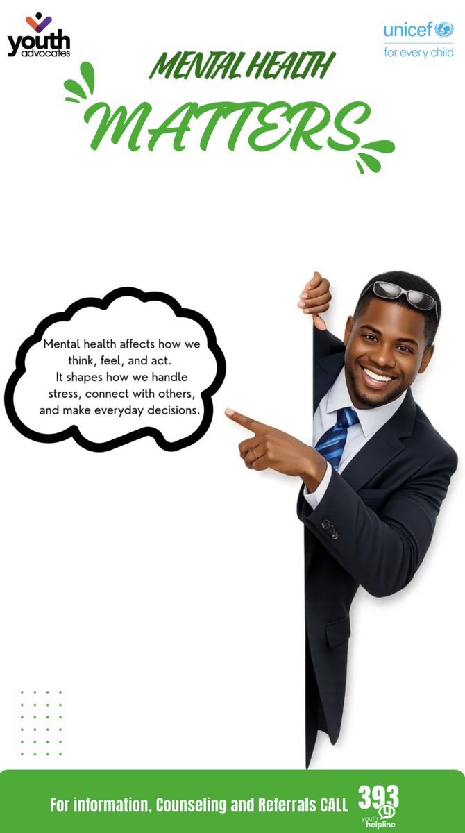 yadvocates_hub's tweet image. Mental health impacts our thoughts, emotions, and behaviors, influencing our ability to cope with stress, form relationships, and make choices. For Information, Counseling and Referrals Call 393 Youth Helpline #MentalHealthMatters #SelfCareIsNotSelfish 💭💖
