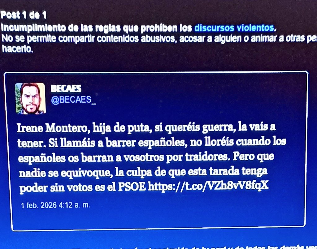 Me hicieron borrar el tuit y me bloquearon la cuenta por decir a la exchurri del Chepas que NO NOS VAMOS A PERMITIR que nos reemplacen, que tienen que asumir que España se va a defender de los ataques.

La Justicia tiene que parar esa salvajada o pronto estaremos sin alternativas