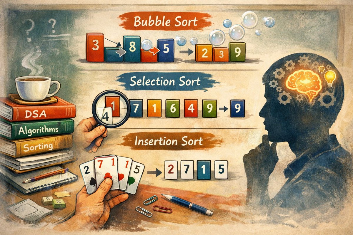 SumitSahoo78's tweet photo. #Day12 of DSA ⚙️
Sorting algorithms today — Bubble, Selection, Insertion.

Not just code, but ways of thinking 🧠
Bubble teaches patience, Selection teaches decision-making, Insertion feels natural—like arranging cards.

Grateful to @rohit_negi9
Foundation > speed. https://t.co/bI7rwYi9aG