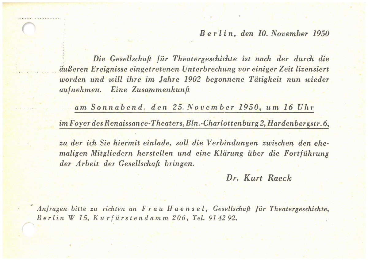 Theaterges's tweet photo. Wiedergründung der Gesellschaft vor 75 Jahren. Am Samstag, den 3.2.1951 wurde die Tätigkeit der Gesellschaft f��r Theatergeschichte nach dem 2. Weltkrieg wieder aufgenommen. Mehr erfahren Sie auf https://t.co/plwLX9cGMP über uns. #theatergeschichte https://t.co/FH4QT9Sz4W