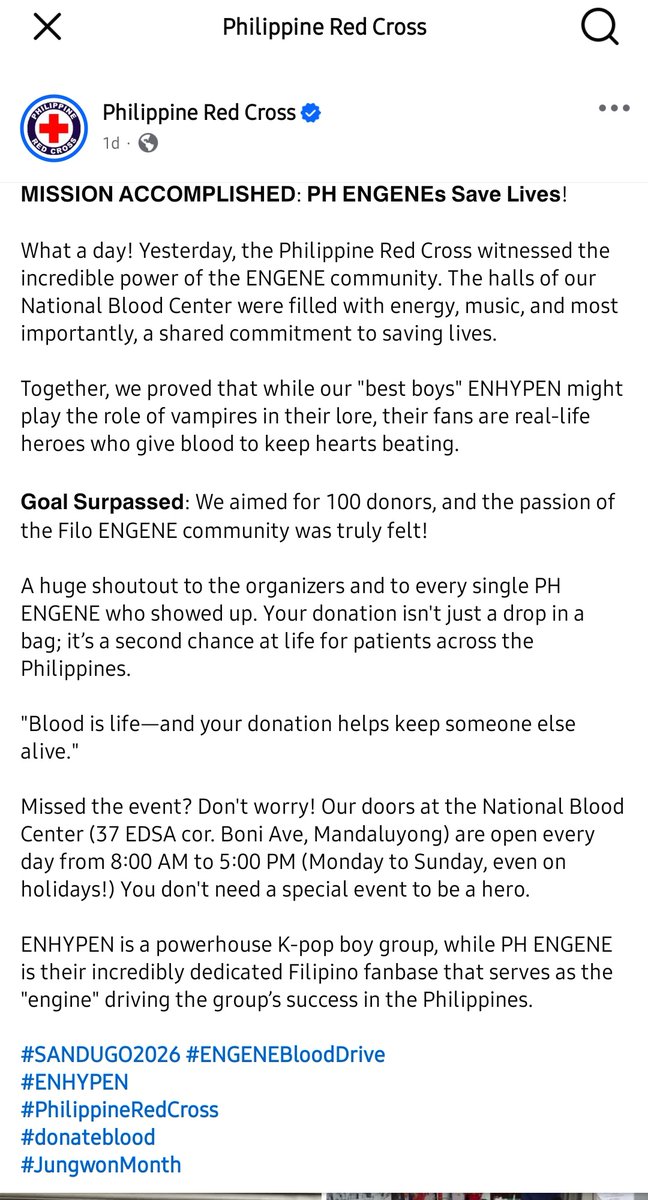 flickerpsh2's tweet image. PH Engenes, Engage!

Philippine Red Cross post 🥰

This is amazing. You saw what enhypen started and decided to organize one to support their cause. 

Thank you! 🫡

facebook.com/share/p/1DYqQ8…