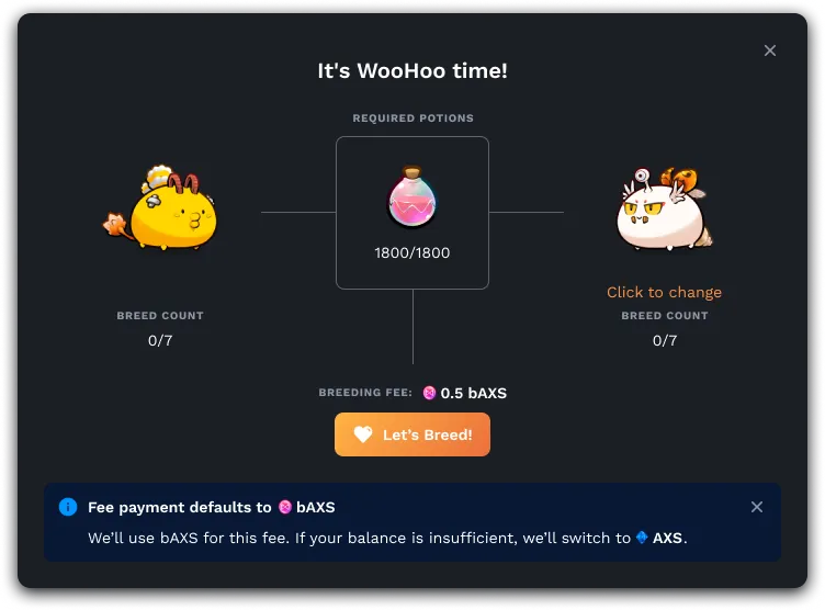 GM ☀️

bAXS is almost here. We are testing its integration with app.axie features.

Check out breeding with bAXS 👇