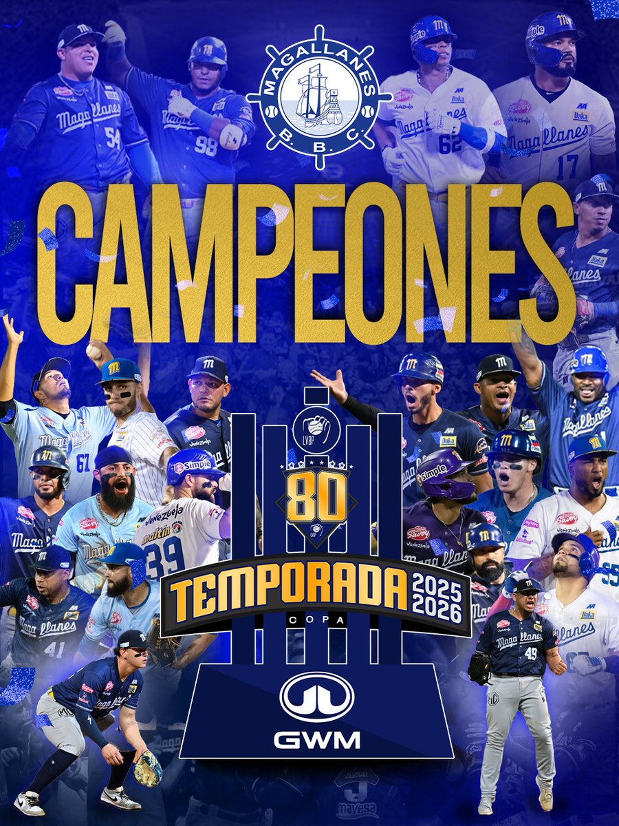 LVBP_Oficial's tweet photo. ¡MAGALLANES ES EL CAMPEÓN DE LA LVBP 2025-2026! 🤩

Felicitamos a @Magallanes_bbc 🛳️ por conquistar la Copa #GWM 🏆y lograr su título número 14 en la historia del #Beisbolvenezolano ⚾🇻🇪 completando una temporada extraordinaria en la que tuvieron un comienzo difícil para, posteriormente, alzarse como el mejor equipo de la #LVBP 👏🏻

¡Saluden al equipo campeón de Venezuela! 😍

#UnavidaUnaliga