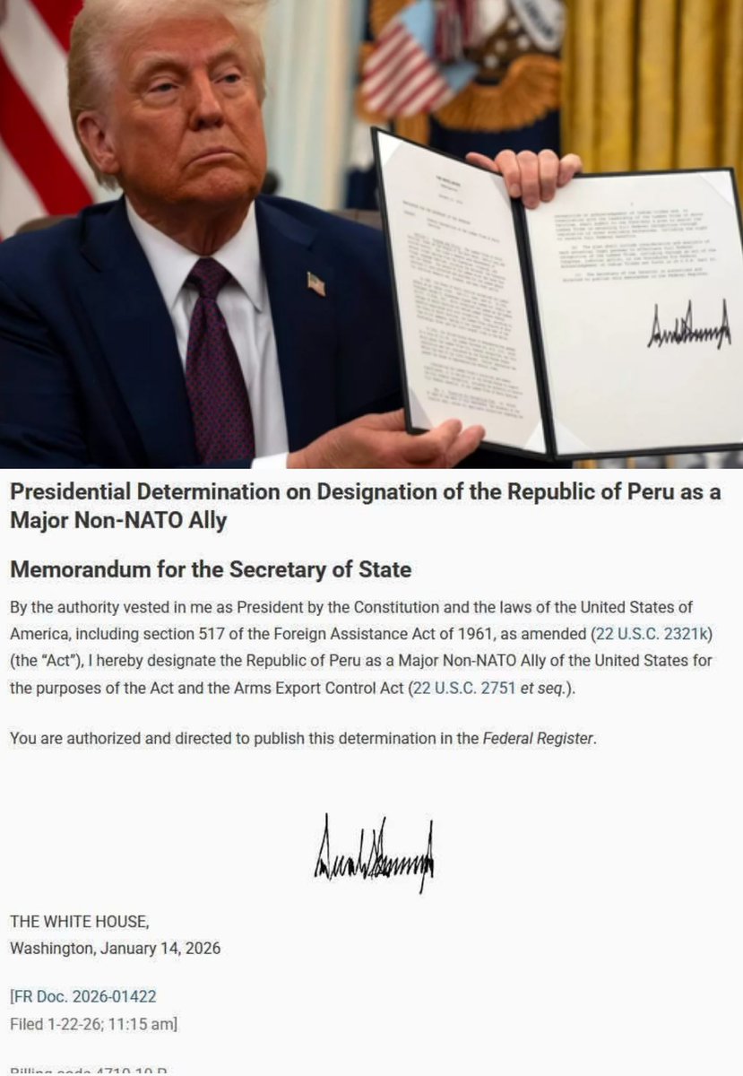 🇵🇪🚨🇺🇸 | ¡CONFIRMADO! Donald Trump acaba de firmar la designación del Perú como Aliado IMPORTANTE no-OTAN. Con esto Washington reconoce a Perú como socio relevante en materias de seguridad, defensa y cooperación. Este acuerdo significa un golpe durísimo para la izqda putrefacta