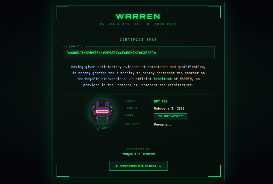 drewlexander's tweet photo. I just minted my Testnet Genesis Key NFT on @thewarren_app!

OG Architect Certificate deployed on-chain forever.

https://t.co/qvDFllKDkl

#MegaETH #OnChain https://t.co/4AFSYSQ5cE