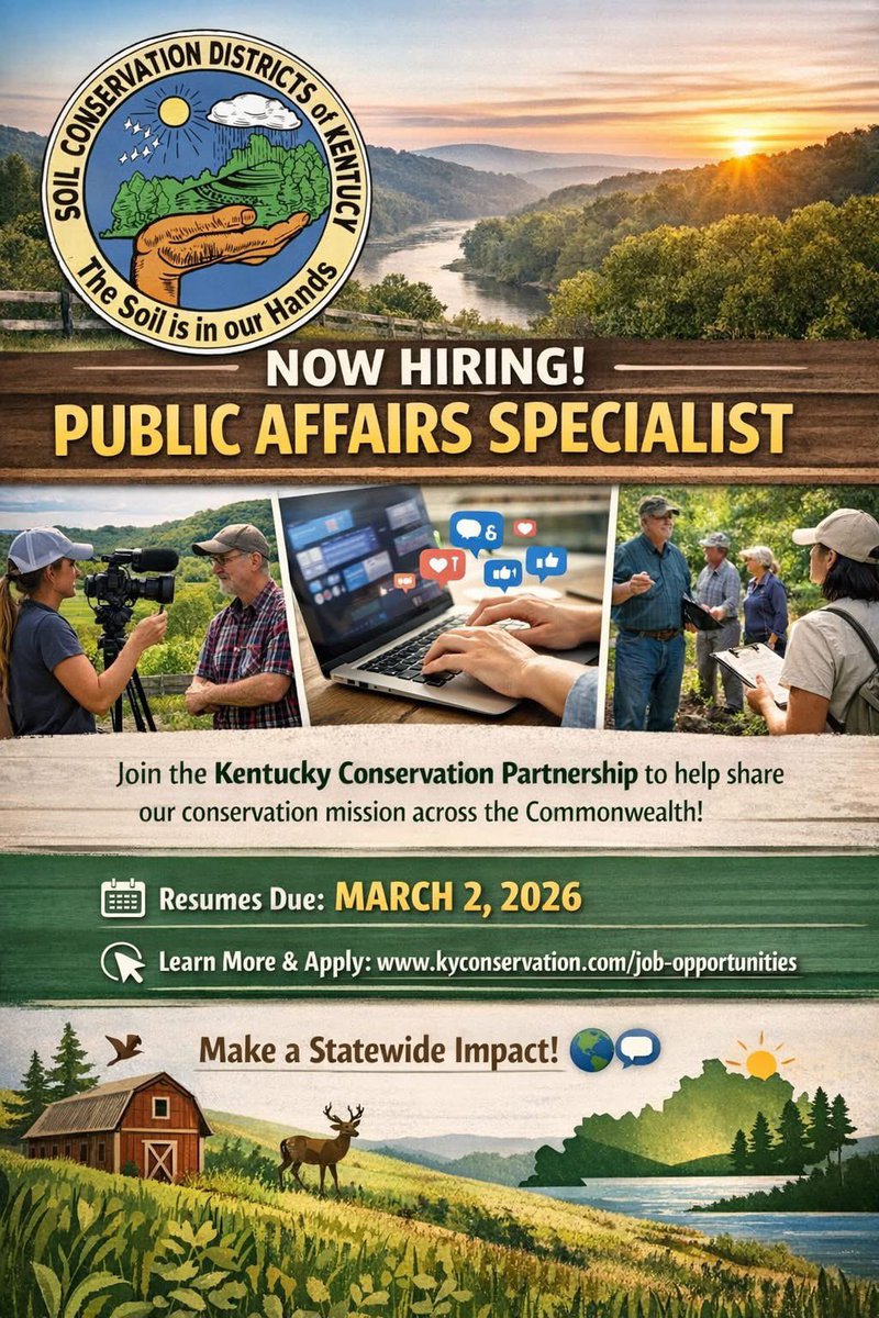 📢 **Now Hiring: Public Affairs Specialist** 🌿

The **Kentucky Conservation Partnership** is seeking a talented **Public Affairs Specialist**

📝 **Resumes due:** **March 2, 2026**
🔗 **Learn more &amp; apply:** kyconservation.com/job-opportunit…

#soil #water #publicaffairs #conserveky