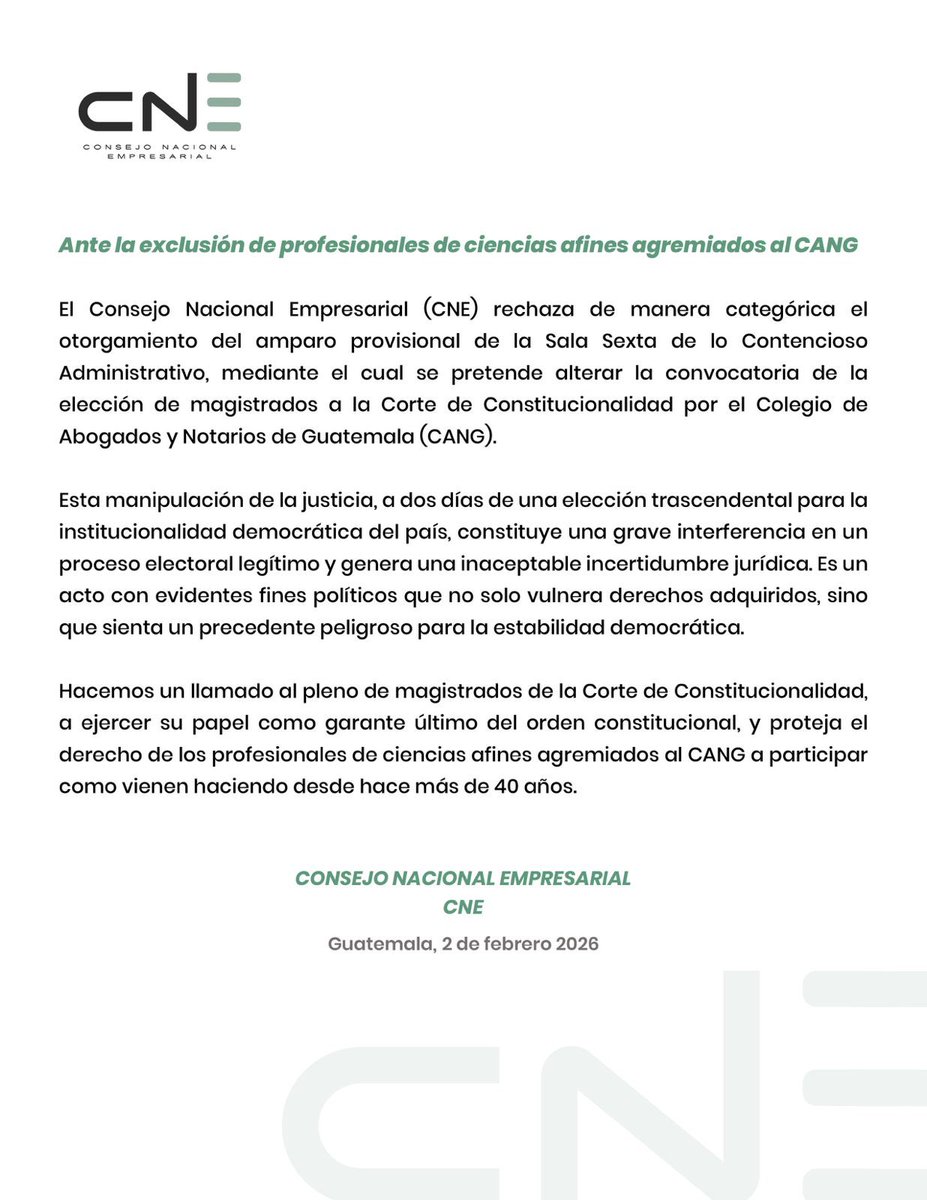 La justicia no puede usarse para manipular elecciones. Alterar el proceso del CANG a 2 días de la votación, es inaceptable. Exigimos respeto a los derechos adquiridos y a las reglas democráticas.