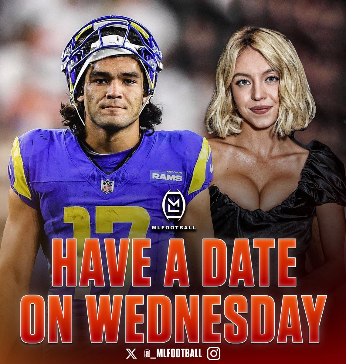 MLFootball's tweet image. 🚨BREAKING: Los Angeles #Rams star wide receiver Puka Nacua claims that he has a date with actress Sydney Sweeney this week.

“I have reservations for us on Wednesday actually”

Sweeney recently said she is looking to go skydiving with someone &amp;amp; Puka volunteered on social media.