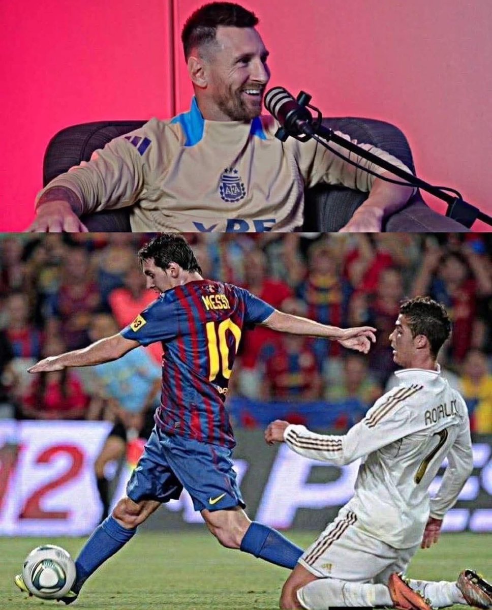 MessiFCWorld's tweet photo. 🗣️ "I don't see Cristiano or any player as my competition." To me, they are all colleagues, because we share the same goal. It's not my place to say whether I'm the best or not, that's up to the people. My grandfather taught me something I never forgot: men must not talk about themselves.”🔥🐐🏆