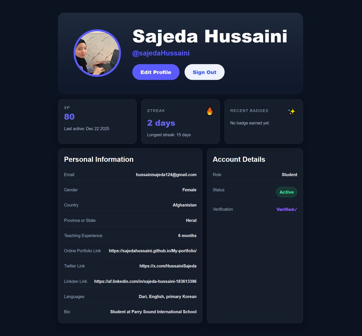 HussainiSajeda's tweet photo. I am delighted to share that i have a mini profile page using React.js. This helped me practice components, State, props, and clean UI design.
@CodeToInspire @E_Ehrari #AfghanGirlsCode #CodingLife #Frontend #React #MiniProject #JavaScript https://t.co/VbkJdJHnso