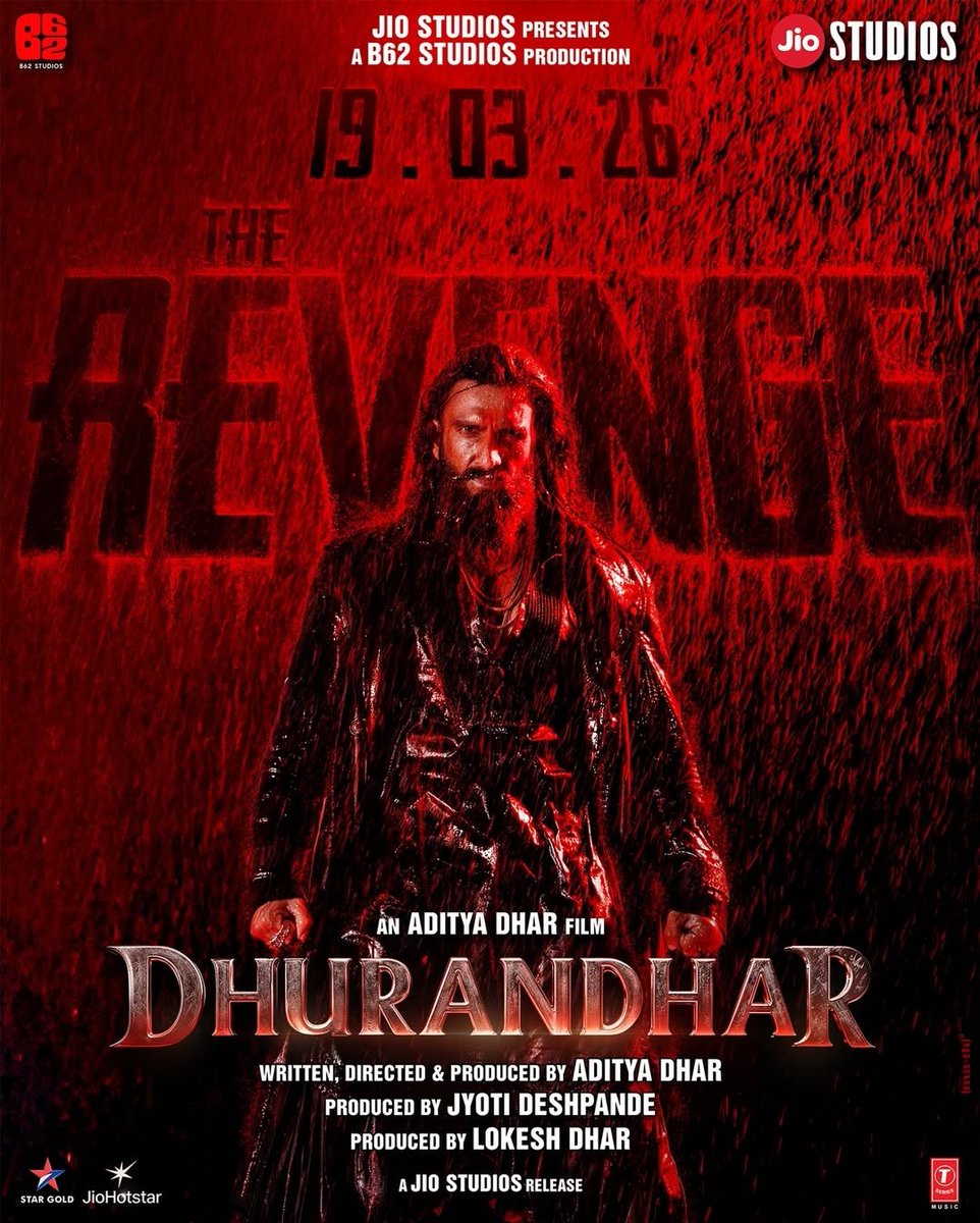 You are not prepared for the BLOOD BATH! The Tuesday morning just got hotter as <a href="/AdityaDharFilms/">Aditya Dhar</a> dropped the first look poster of #DhurandharTheRevenge featuring <a href="/RanveerOfficial/">Ranveer Singh</a> in a menacing, terrific avatar. The film is locked for 19th March 2026 , Eid release. <a href="/jiostudios/">Jio Studios</a>