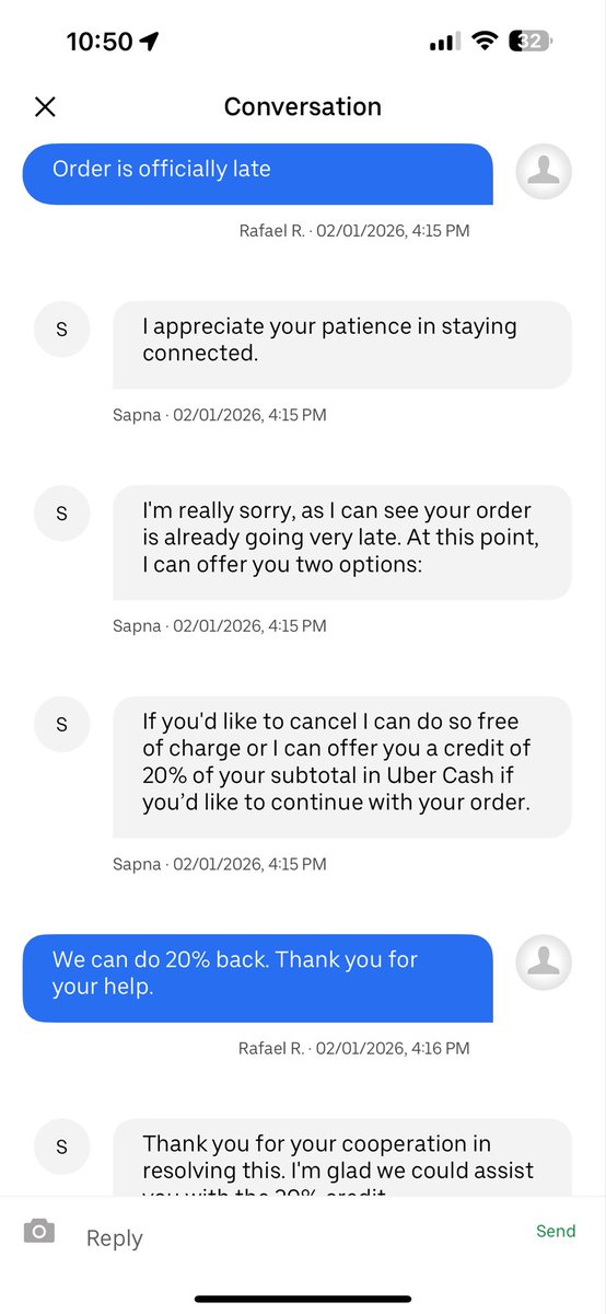 rafi35rivera's tweet photo. @Uber You customer service is horrible. My order was late and I was promised a 20% refund and now they claim this was not available. Lies and lack of responsibility on your end. Do better… https://t.co/9yGChEkJAe