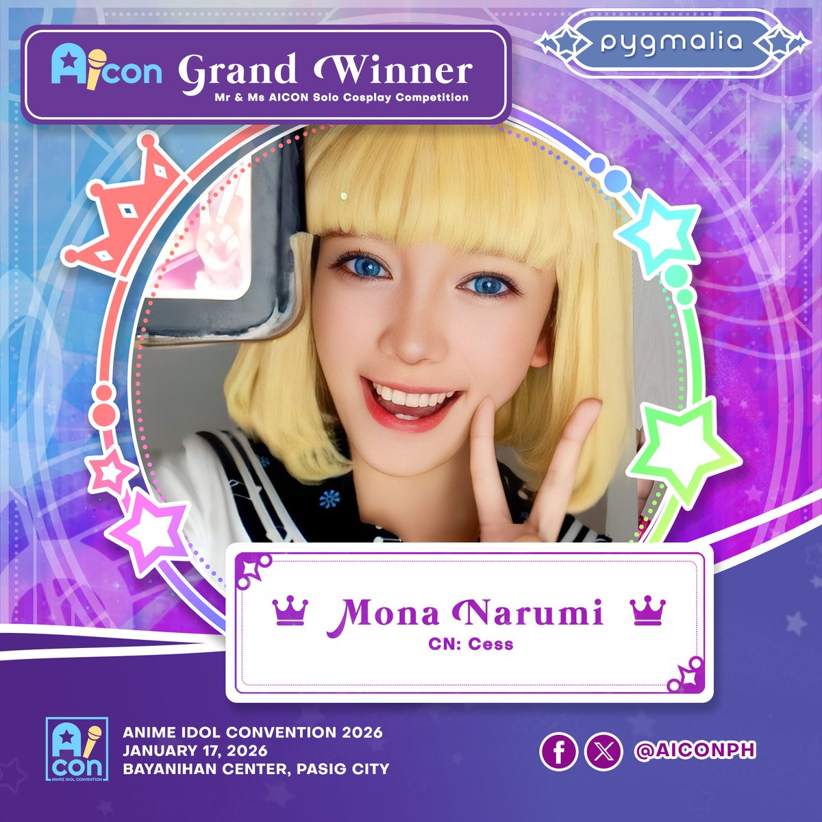 Congratulations to our winner for AICon 2026's Ms. AICon Cosplay Competition, Cess as Mona Narumi! 🌟

May she continue to shine like magic on stage in order to pave a path for future idols! 🌟

#AnimeIdolConvention2026
#AIConPH #AICon2026 #AIConPH2026