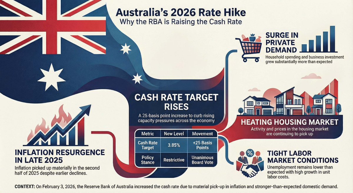 simonnextclick's tweet image. The Australian RBA has decided to raise the cash rate target to 3.85 per cent in response to persistent economic pressures. This measure was necessitated by a significant resurgence in inflation during late 2025, fueled by unexpectedly robust private demand and high levels of…