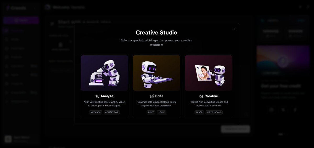 CreadsApp's tweet image. Turn data into winning ads in 3 clicks: Analyze → Brief → Generate 🚀