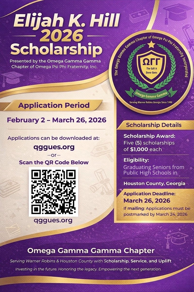 Houston County seniors 🎓

We’re awarding 5 scholarships worth $1,000 each to graduating seniors from public high schools in Houston County.

🗓 Deadline: March 26, 2026
💻 Application must be typed
📥 qggques.org
📧 qggscholarship@gmail.com

Please share.