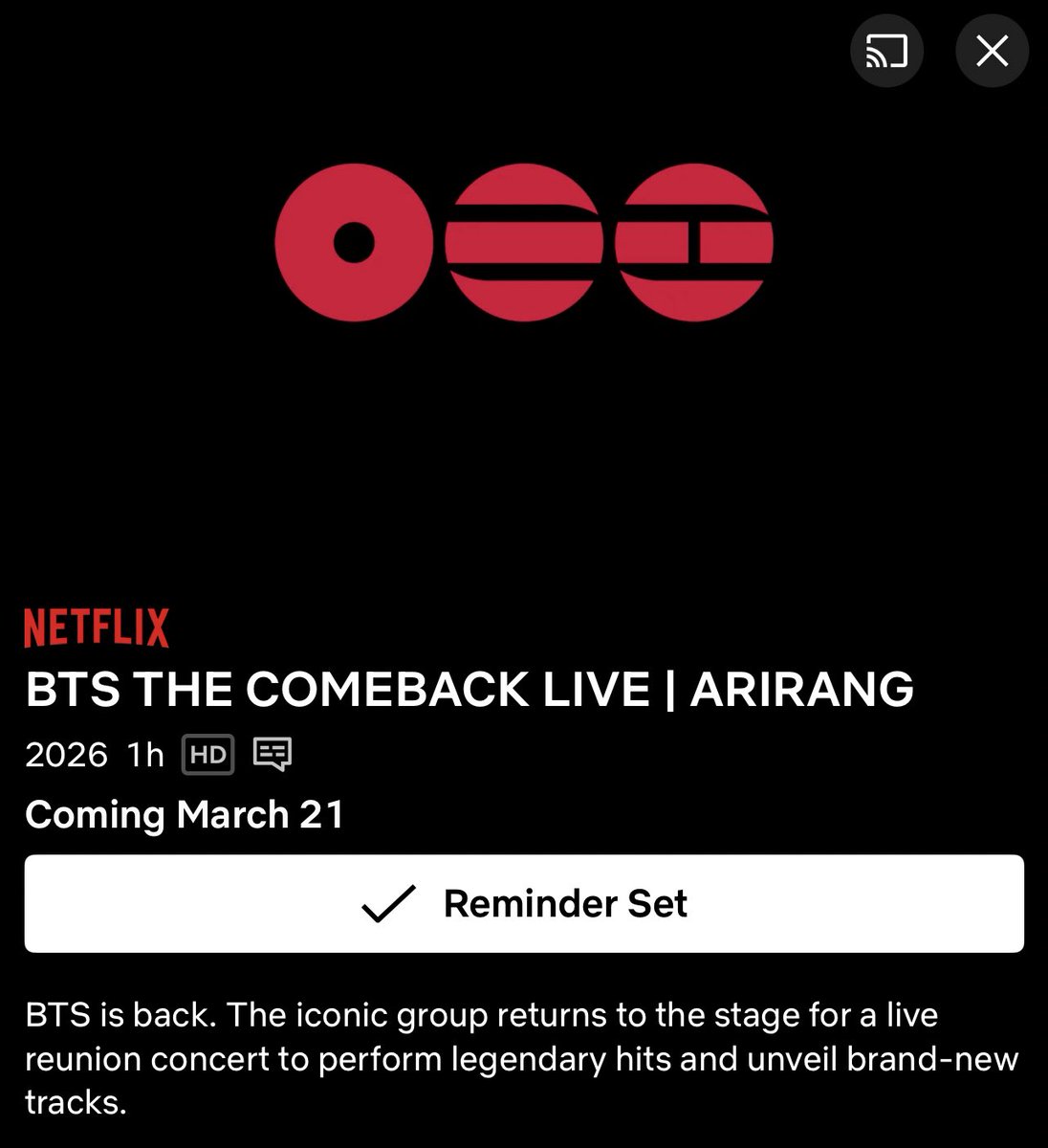 [📰 𝐍𝐄𝐖𝐒] 

"BTS:THE COMEBACK LIVE | ARIRANG Netflix Description 

"BTS is back. The iconic group returns to the stage for a live reunion concert to perform legendary hits and unveil brand-new tracks."

BTS X NETFLIX 
BTS BTS BTS 
#BTSxNetflix 
#BTSComeback2026 
#BTS_ARIRANG