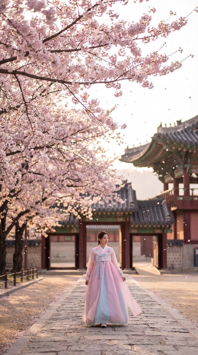 futurelogg's tweet image. 🌸 Korea Spring Cherry Blossom at Gyeongbokgung 
한국의 봄, 경복궁 벚꽃 시즌

Title: Nanobanana pro + Gemini Veo3

📸 Image Prompt:
Vertical composition of Gyeongbokgung Palace main gate with cherry blossom trees framing both sides, traditional Korean architecture with vibrant…