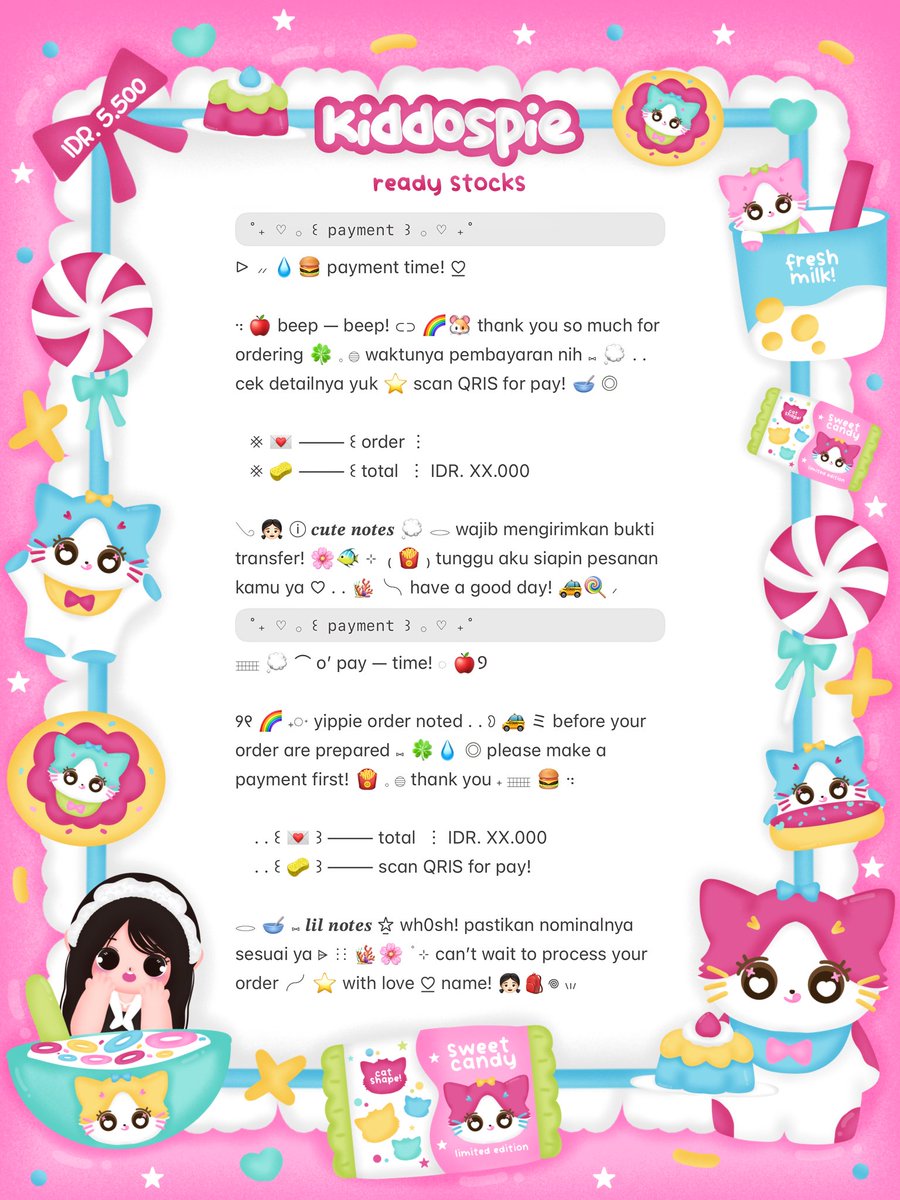 kiddospie's tweet image. ⠀
⸝⸝ ꕤ  𓈄 𓈒  help rt? thank you! ☘️

💭  ☆̲ ◞ₓ˚ 🥣 halo teman—timun!  𓏲 ﾟ。。𖢷 sherina bawain wording payment ready stOck! 🧁🌸 ⊂⊃ dengan harga ◎ IDR. 5.500 only ៶៲៸ ⓘ 👛 dm me or reply if you want!  ✋🏻 𖠗 ៸ 🍭🎀 

៸៸ 💌 യ #zonauang #zonaba ꒱