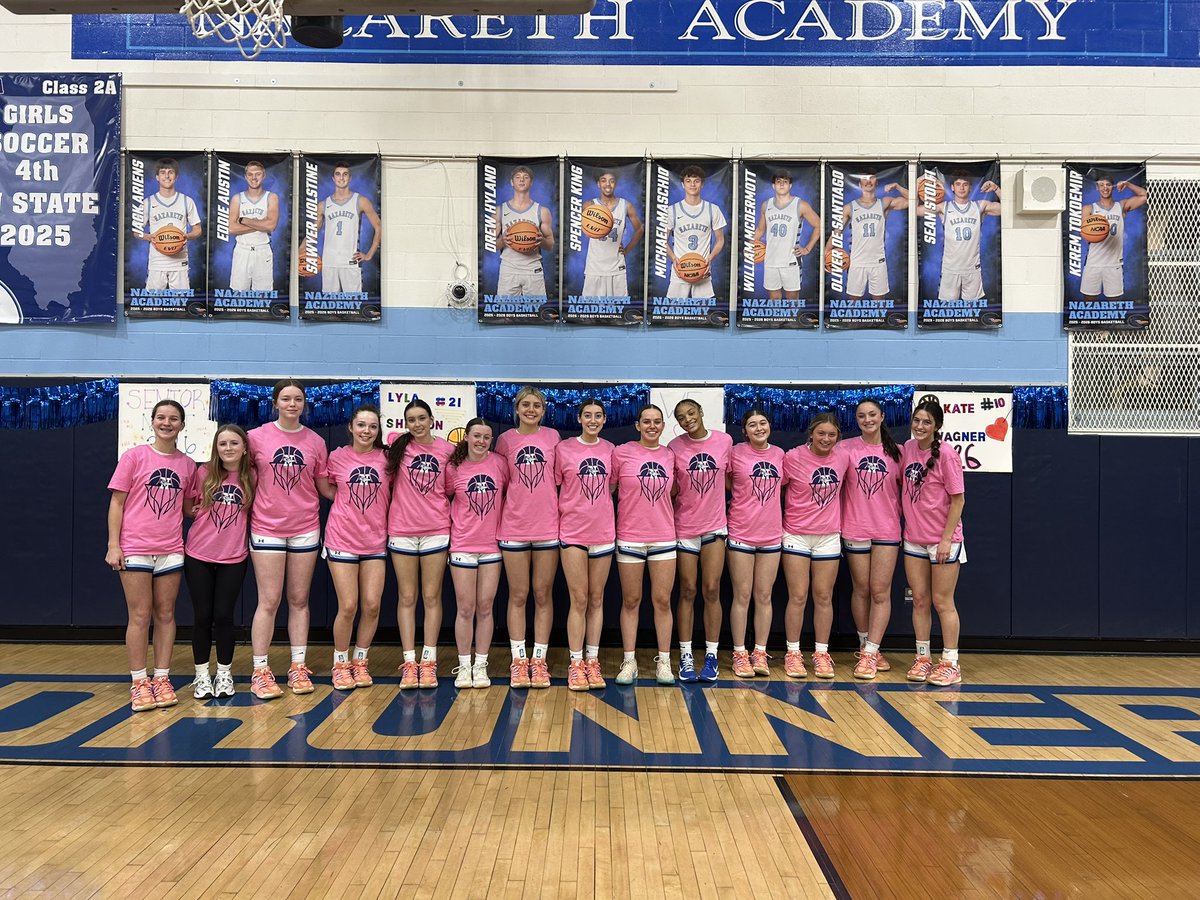 NazarethGBB's tweet photo. Tonight we had the honor of recognizing three young women for their impact on our program.
Senior Captains…
#10 Kate Wagner
#21 Lyla Shelton
#32 Stella Sakalas
Leaders on the court. Even better people off it. #RunOurRace https://t.co/yxHO3wCSix