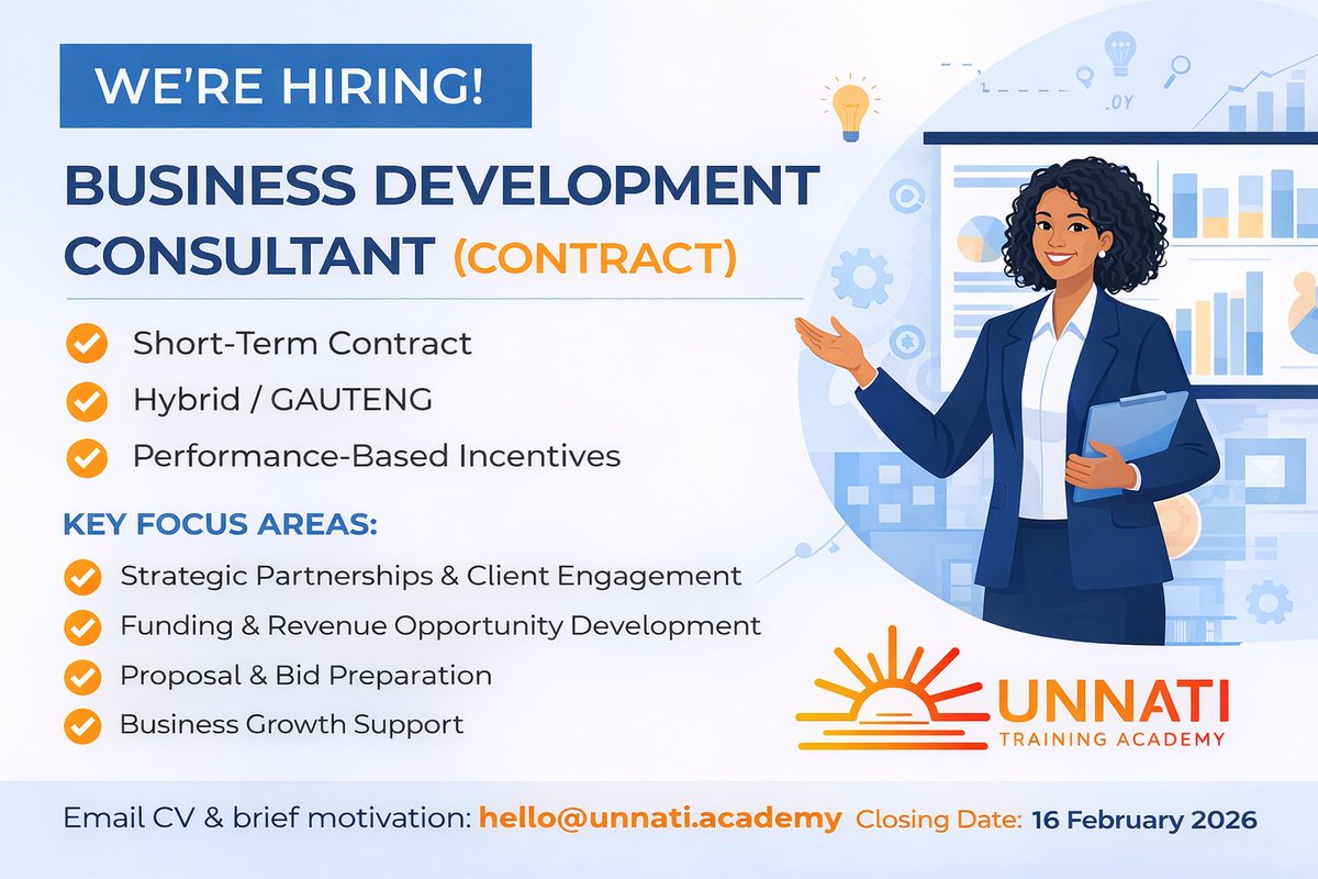 We’re hiring! Unnati Training Academy is looking for a Business Development Consultant (Contract) to support partnerships, proposals, and growth.
📅 Closing date: 16 February 2026
📧 Apply: hello@unnati.academy